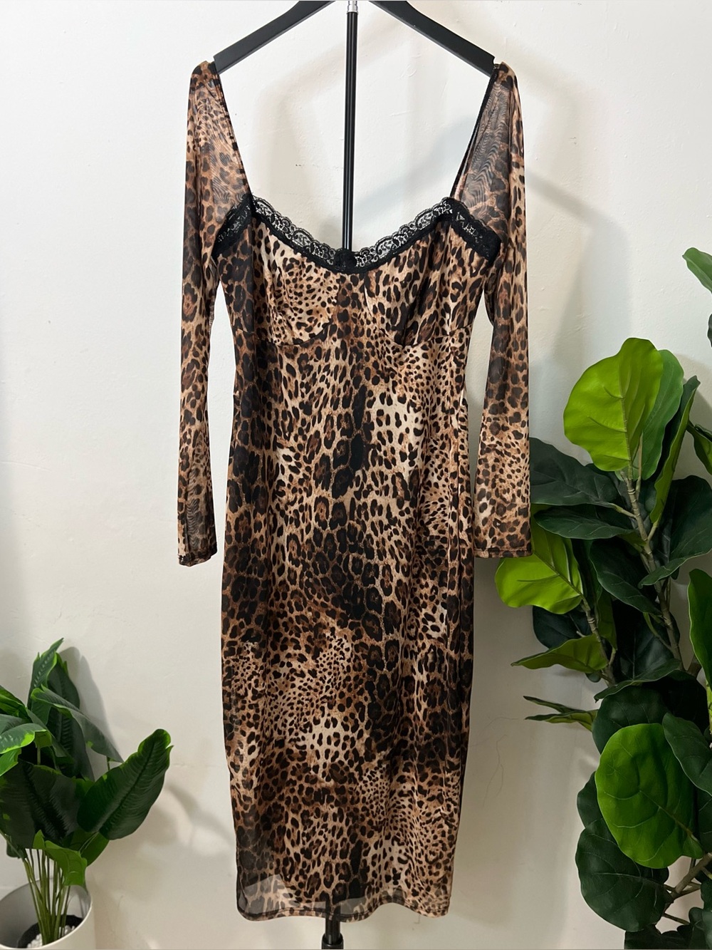 Fashion Nova 1X Leopard Mesh Lace Corset Bodycon Midi Dress NWT